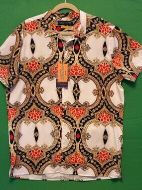 NWT SUSLO Couture Men's Baroque Style Print Short Sleeve Button Up Shirt 2XL
